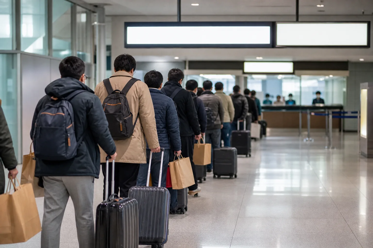 공항 출국장에서 여행가방과 쇼핑백을 들고 세관 확인 카운터 쪽으로 줄을 서서 기다리는 여행객들의 뒷모습