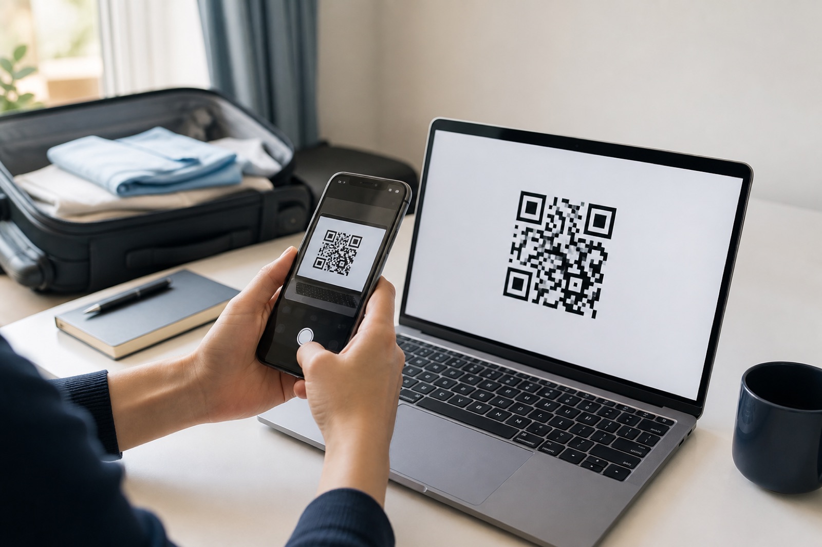 출국 전 집에서 노트북 화면의 QR 코드를 스마트폰으로 스캔해 eSIM을 등록하는 모습