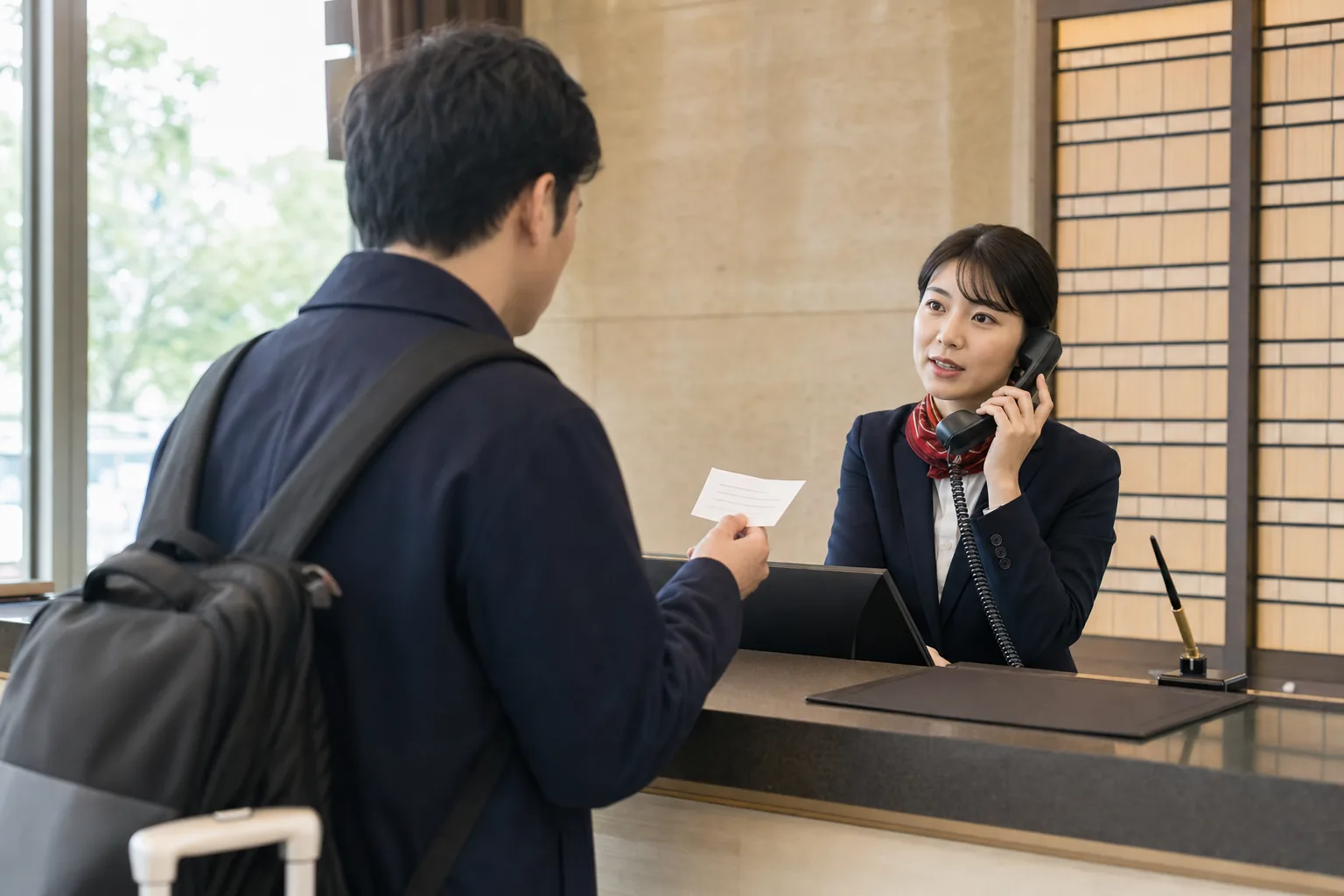 일본 호텔 프런트에서 여행자가 식당 정보를 건네고 컨시어지가 전화 예약을 대신하는 모습