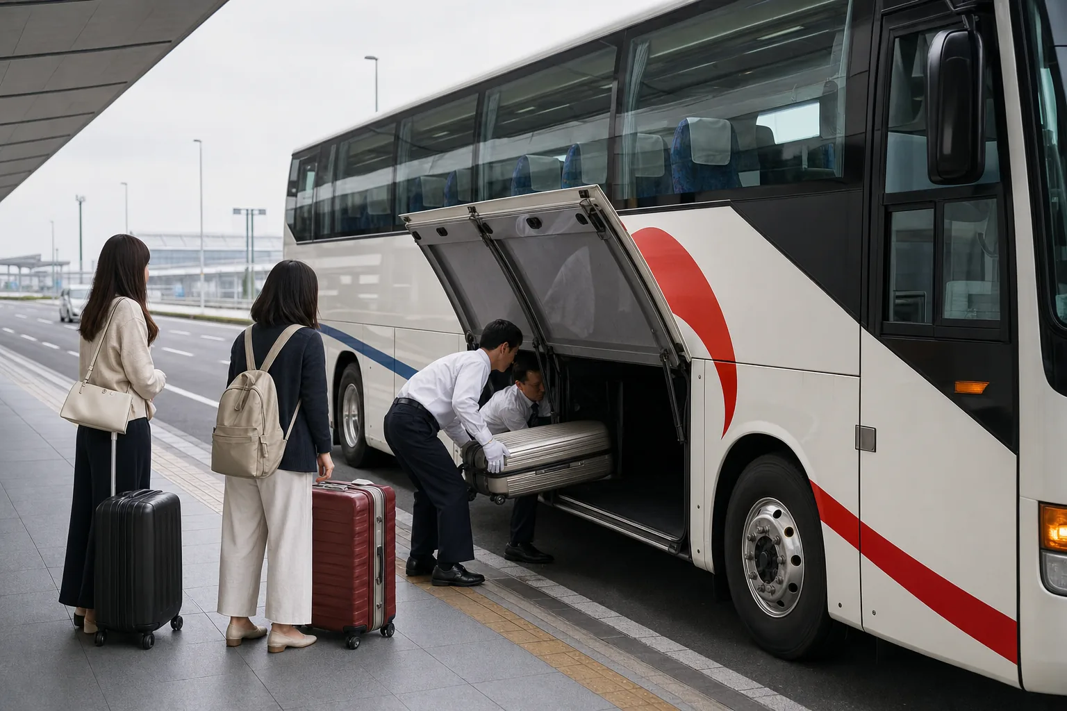 간사이공항 리무진버스 승차장에서 승무원이 여행객의 캐리어를 버스 트렁크에 싣는 모습